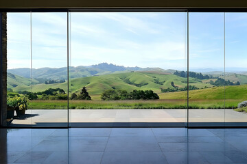 Naklejka premium A panoramic view of rolling green hills through a large glass window.