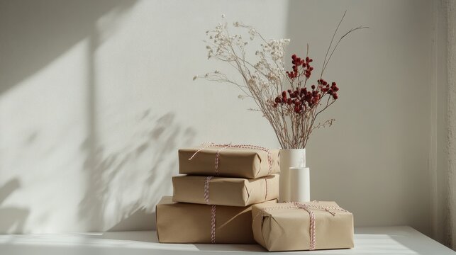 sustainable gift packaging, stacked brown parcels, minimal gift decoration, red white string detail, clean white background, professional product photography, rustic gift styling, natural light