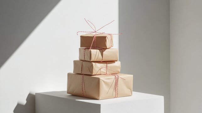 sustainable gift packaging, stacked brown parcels, minimal gift decoration, red white string detail, clean white background, professional product photography, rustic gift styling, natural light