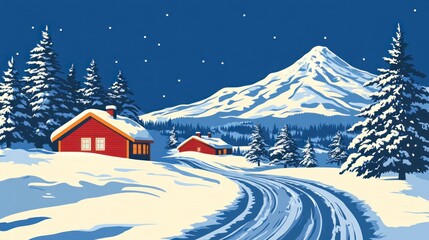 Snowy mountain landscape with small houses and star-filled sky.