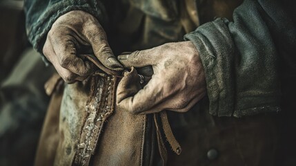 Close-up of dirty hands repairing a worn leather item.