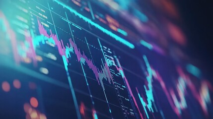 Close-up of vibrant stock market data displayed on a computer screen, showing dynamic graphs and numerical information.