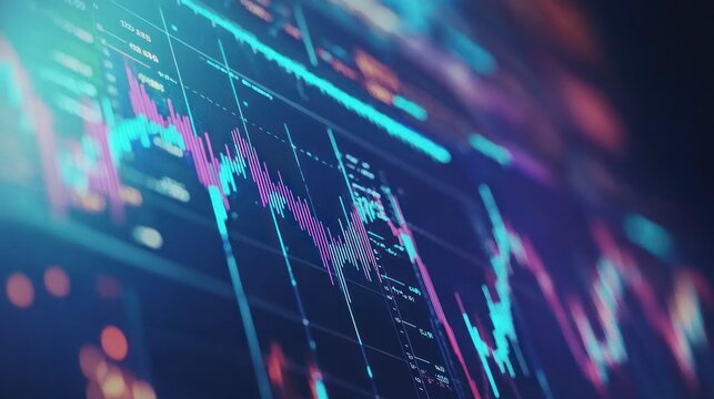 Close-up of vibrant stock market data displayed on a computer screen, showing dynamic graphs and numerical information.