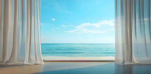 Fototapeta premium A serene view of the ocean through sheer curtains, evoking tranquility and relaxation.