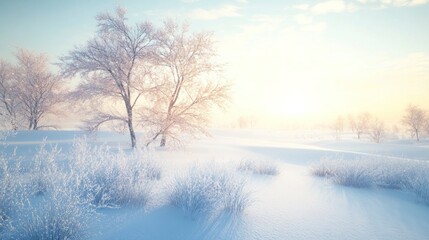 Frosty winter landscape at sunrise.