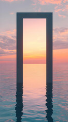 A serene portal stands over tranquil waters at sunset, inviting reflection and exploration.