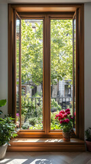 Fototapeta premium A bright window view showcasing greenery and potted flowers, inviting nature indoors.