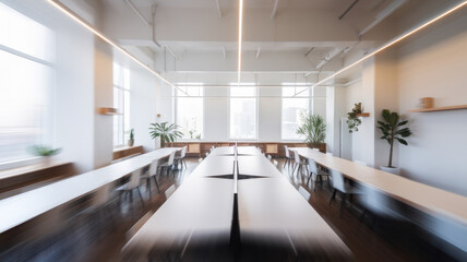 A modern office workspace featuring sleek white tables and large windows, enhancing the open and bright atmosphere of the room.