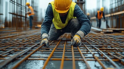 The steel reinforcement workers on the construction site are working