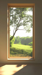 Fototapeta premium A serene view through a window showcasing a lush green landscape and a tree.