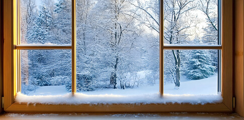 A serene winter scene viewed through a window, showcasing snow-covered trees and landscape.