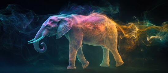 Colorful smoke elephant walking on dark background.