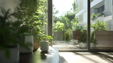 Fototapeta premium A serene indoor space with plants and a view of a sunny balcony garden.