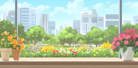 A vibrant city garden scene with colorful flowers and a skyline backdrop.