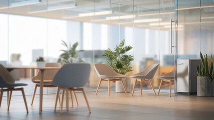 A modern office break area featuring minimalist design, with light-colored chairs and lush indoor plants, creating a calm and inviting atmosphere.