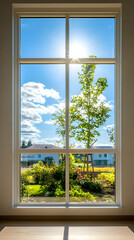 A bright view through a window showcasing a tree and garden under a sunny sky.