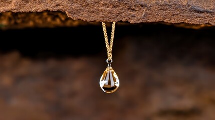 Fototapeta premium A delicate gold necklace featuring a teardrop pendant, elegantly hanging against a textured background.