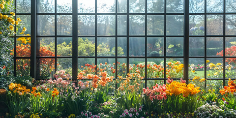 A vibrant garden scene with colorful flowers viewed through large windows.