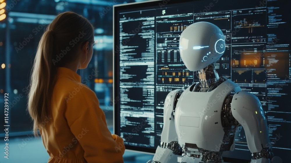 Aufkleber Human and AI unite for collaborative tasks in modern workspace with advanced technology. Generative AI