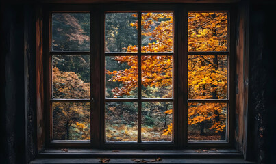 A window view showcasing vibrant autumn foliage in a serene forest setting.