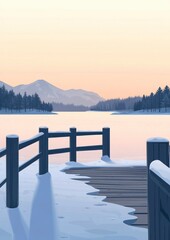 Naklejka premium Snow-covered dock facing frozen lake at dawn.