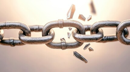 Obraz premium A close-up of a chain breaking, with fragments flying away, symbolizing strength and vulnerability.