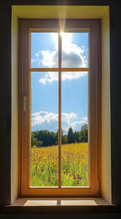 A bright window framing a vibrant field of flowers under a sunny sky.