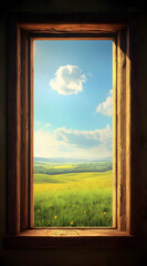 A scenic view of a vibrant landscape through a wooden window frame.