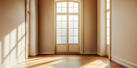 A bright, empty room with large windows allowing natural light to fill the space.