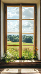 A serene window view showcasing lush fields and clouds, inviting nature indoors.