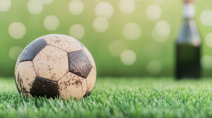 Fototapeta premium A worn soccer ball rests on green grass with a blurred bottle in the background, evoking a casual outdoor sports atmosphere.