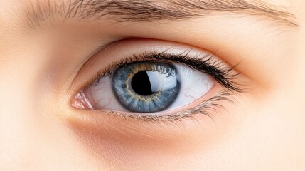 Fototapeta premium A close-up of a child's eye, showcasing vibrant blue irises, detailed eyelashes, and soft skin tones.