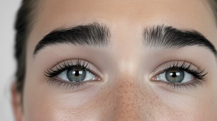 Fototapeta premium A close-up of striking eyes featuring bold eyebrows, long lashes, and freckles, showcasing natural beauty and clear skin.