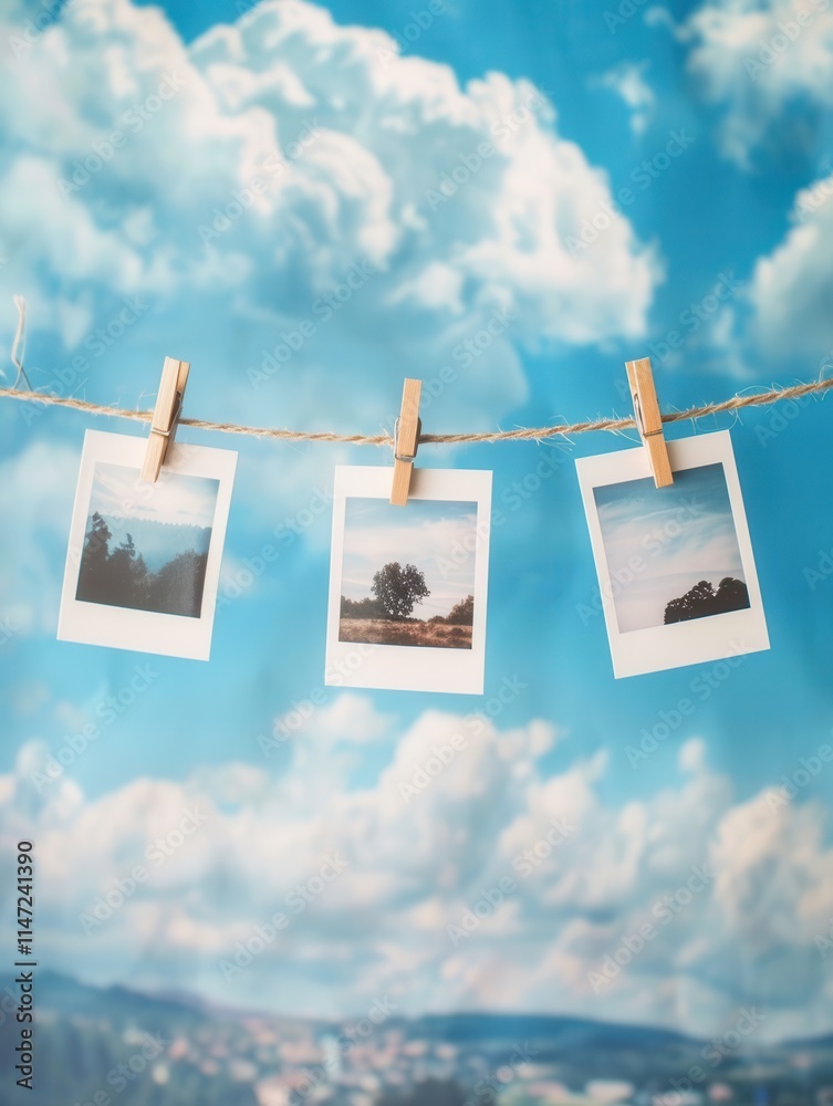 Fototapete polaroid photos displayed on a string with clothespins against a bright blue sky backdrop. generativ