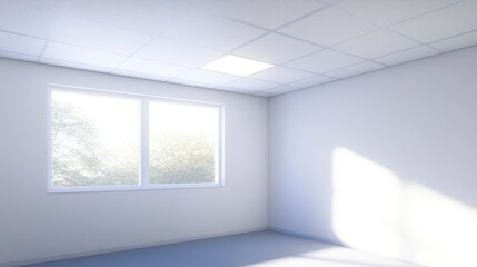 Obraz premium A bright, minimalistic room with white walls, a window letting in natural light, and a simple ceiling, creating a serene atmosphere.