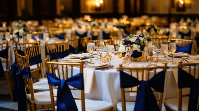 Elegant wedding reception tables with gold chairs and navy blue sashes, adorned with floral centerpieces and candlelight.