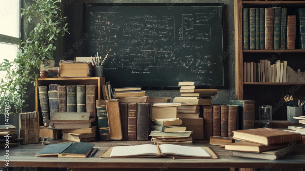 Poster desk covered with books, notebooks, and stationery in a study space showcasing a cluttered yet inspi