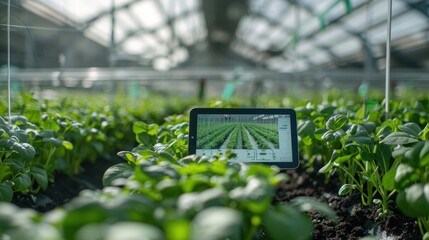 Farmers monitoring climate control systems on a tablet inside a greenhouse, adjusting temperature and humidity for optimal plant growth