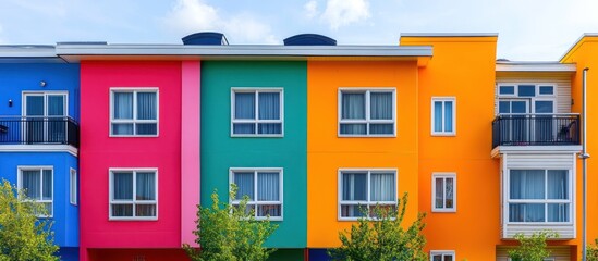 Obraz premium Colorful row of townhouses with vibrant facades, balconies, and windows under a bright sky.
