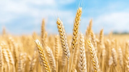 Fototapeta premium Golden wheat field under a blue sky.