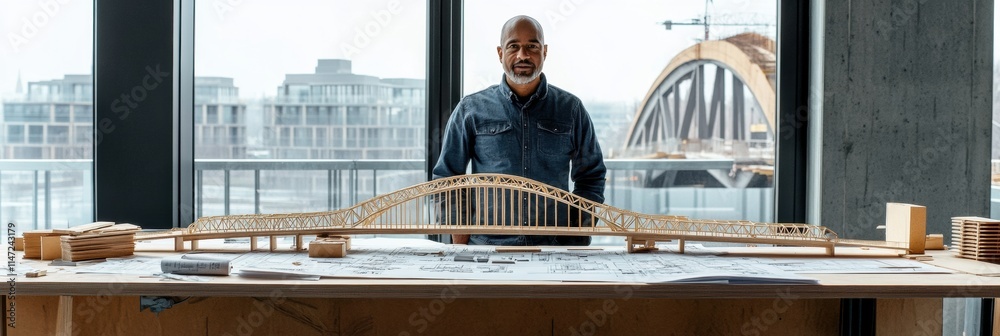 Poster civil engineer presents a bridge model in an urban office environment with a city skyline view. gene