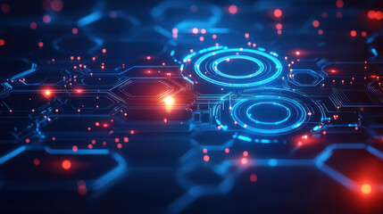 Abstract futuristic technology background with a digital circuit board and glowing elements, in blue, red, and orange colors
