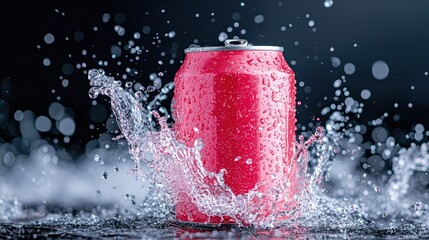 Red aluminum can splashing in water.