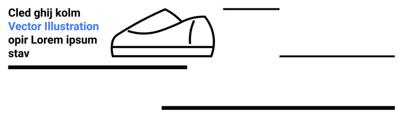 Black and white shoe outline, horizontal lines, and placeholder text. Ideal for fashion, design, minimalism, branding, modern aesthetics, simplicity, advertisement. Landing page