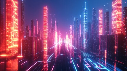 Fototapeta premium Neon cityscape at night, glowing futuristic city street.