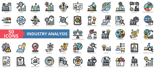 Industry analysis icon collection set. Containing competitor, trends, swot, strategy, growth, market share, competitive advantage icon. Simple flat outline color illustration.