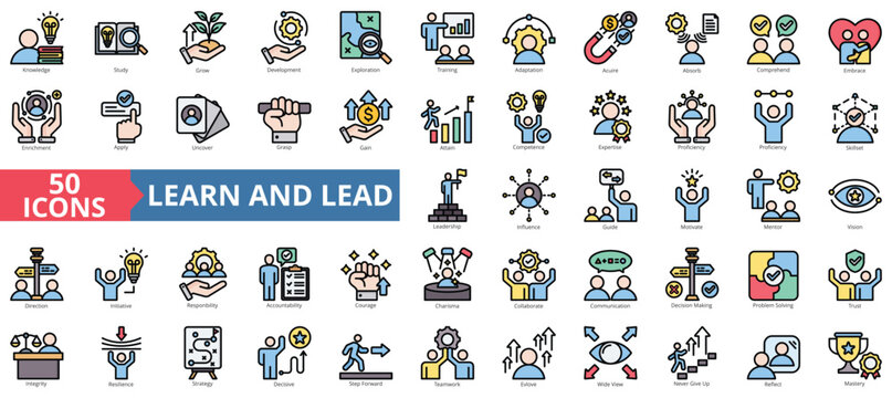 Learn and lead icon collection set. Containing knowledge, study, grow, development, exploration, training, adaptation icon. Simple flat outline color illustration.
