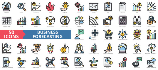 Fototapeta premium Business forecasting icon collection set. Containing prediction, analyze, data, trend, budgeting, accuracy, strategy icon. Simple flat outline color illustration.