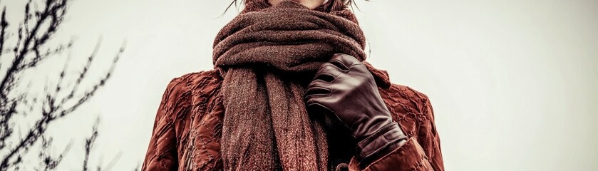 Woman in brown suede jacket, brown scarf, and leather gloves outdoors.