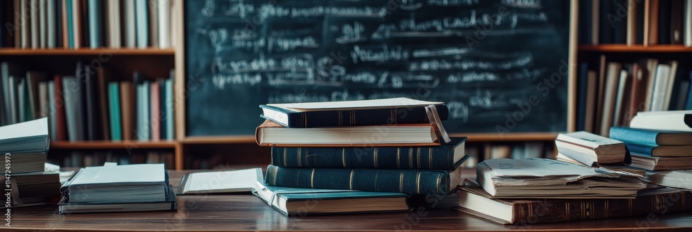 Leinwandbilder stationery and books neatly arranged on a desk with blackboard in background suitable for study or c
